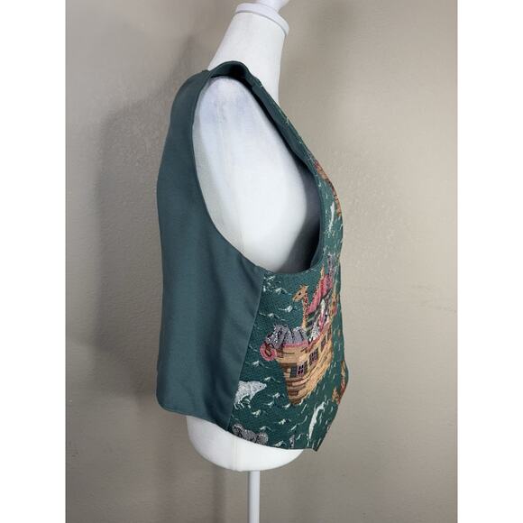 Noahs Ark Vest Handmade Tapestry Animal Scene Christian Green - Picture 4 of 7